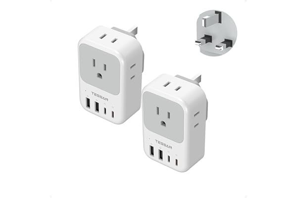 Type G Adapter for Travel 2 Pack, TESSAN PD 20W US to UK Plug Adapter with 4 AC Outlets 4 USB Ports (2 USB C), Ireland Power Adaptor for USA to England London British Scotland Dubai Hong Kong Kenya