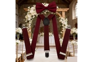 Men's Solid Color Casual Bow Tie Suspenders Set, Suspenders Shorts Clip Set, Burgundy