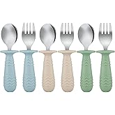 PandaEar 6 Pieces Baby Toddler Silicone Stainless Steel Utensils Silverware Spoon Fork for Baby Toddler BPA Free with Silicon