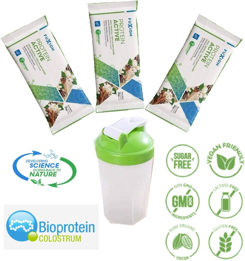 FuXion Protein Active Fit Nutritional Shake Mix Vanilla - 100% Plant Based w. BioProtein & Enzymes - Low Carb/Non GMO/Non Dairy/Gluten Free/Sugar Free - 3 Sachets w. Blender Bottle (Color May Vary): Health & Personal Care