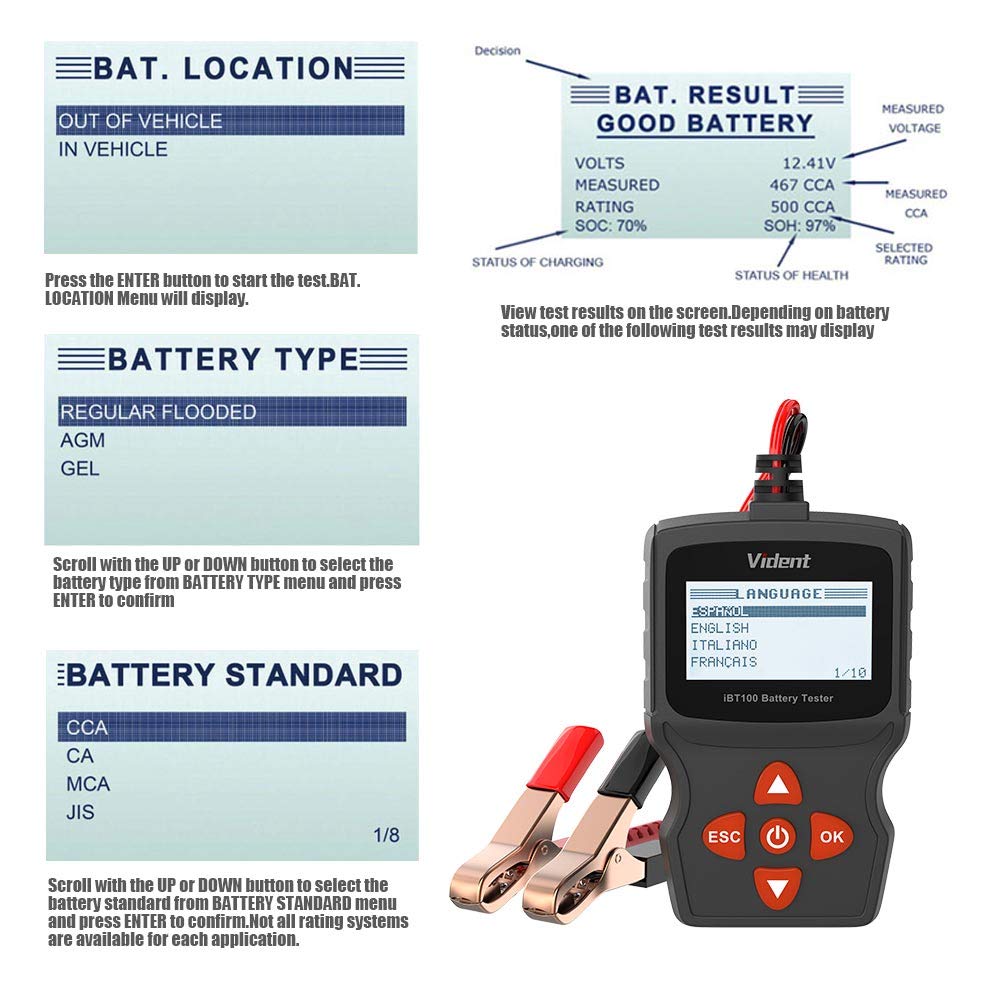 VXSCAN VIDENT IBT100 Car Battery Tester 12V Battery Analyzer for Flooded, AGM,Gel 100-1100Cca Automotive Tester Diagnostic Tool for Passenger Cars and Light Duty Trucks