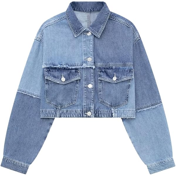 Pohullan Woman's Patchwork Denim Jacket with Long Sleeves Contrast