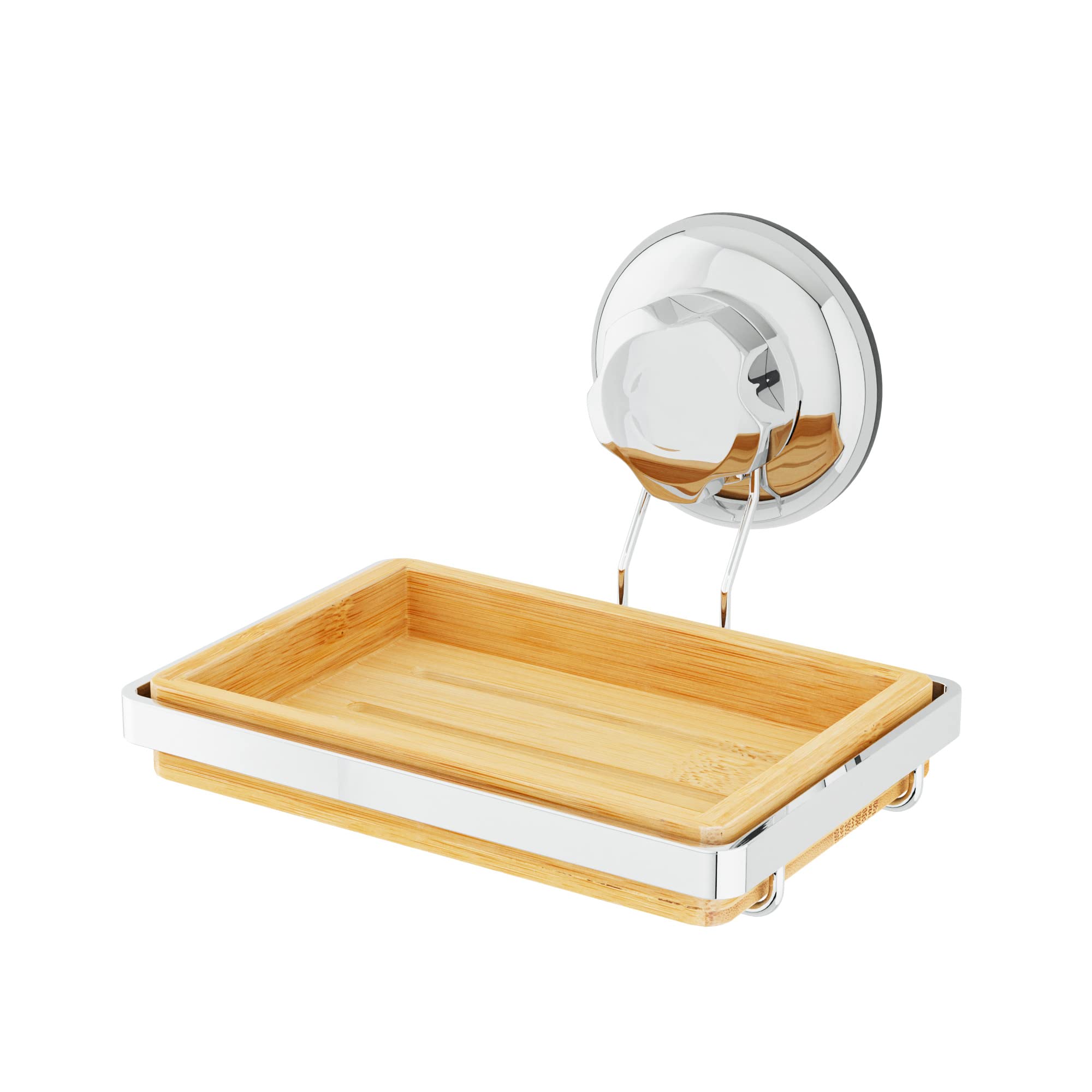 Compactor Bestlock Spa Soap Holder - Natural Bamboo and Chromed Steel, Easy No-Drill Installation, Rustproof and Waterproof, 14.6X12.6X10.5 cm