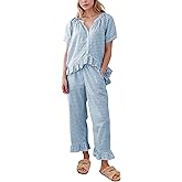 Ablyea Womens Plaid 2 Piece Pajama Set Cute Short Sleeve Button Down with Ruffle Long Pant Gingham Pjs Sleepwear S-XXL