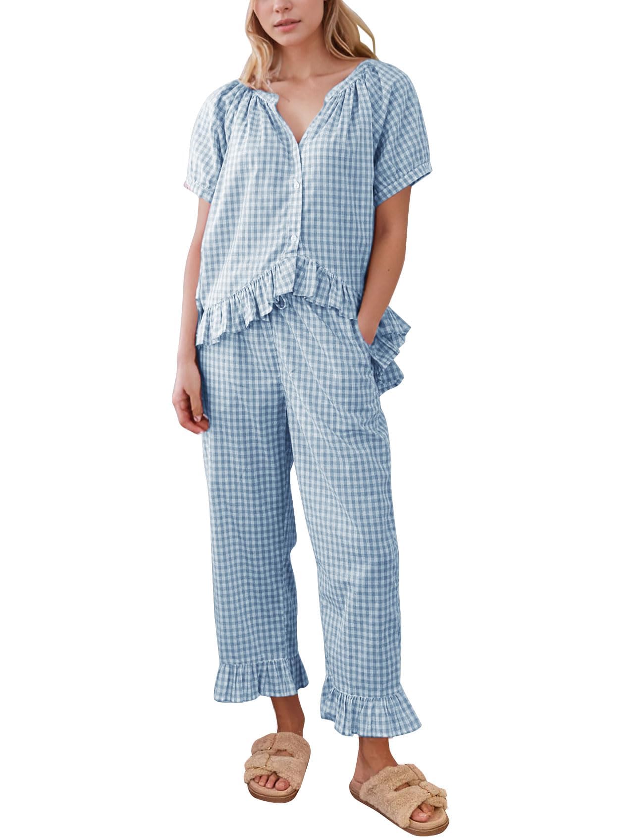 Photo 1 of Flygo Womens Plaid 2 Piece Pajamas Sets Gingham Button Down Puff Sleeve Babydoll Shirt Ruffle Pants Y2K Pjs Lounge Set(Blue-XL)