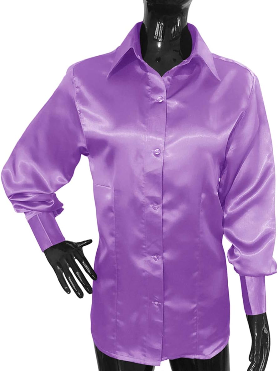 SHIRTMAKER Medium Purple Satin Button Down Shirt Long Sleeve Blouse for Girls Lady Casual Office 