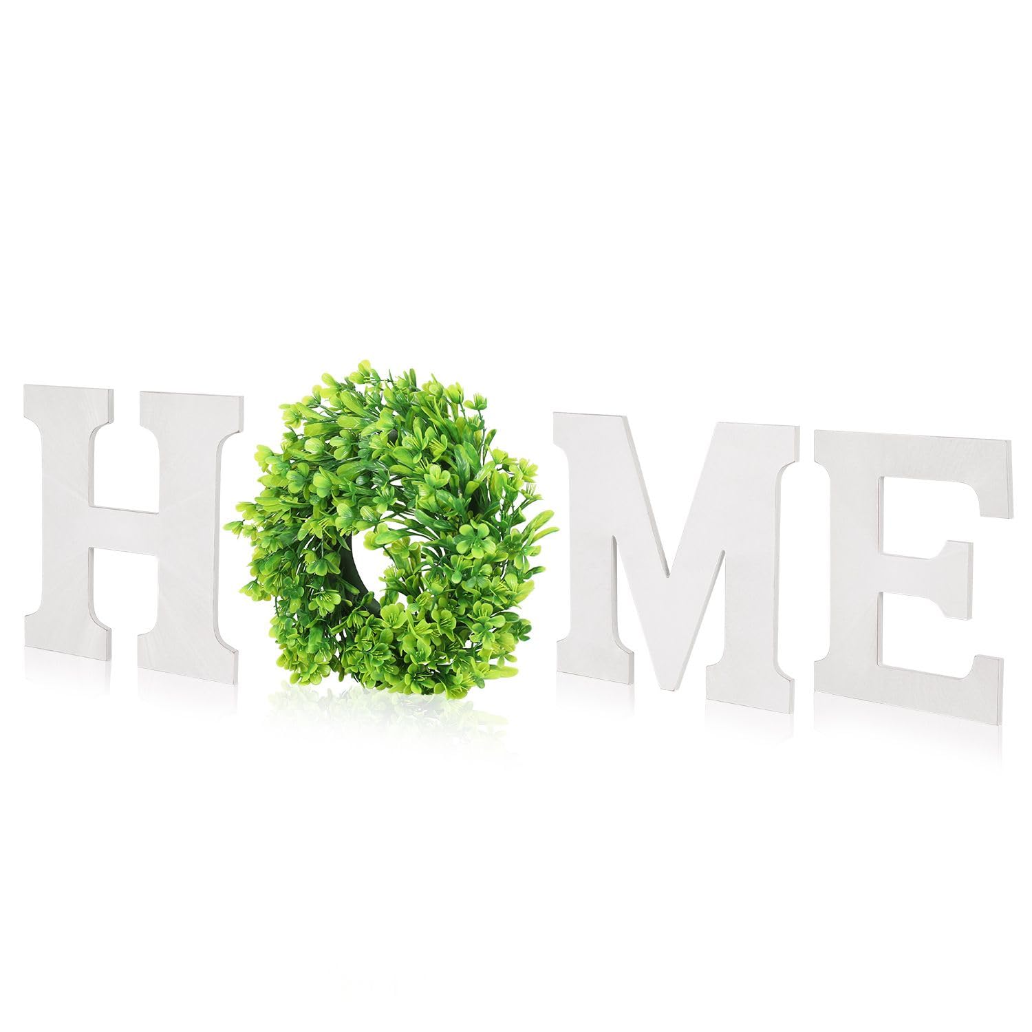 Flexzion Rustic Wooden Wall Hanging HOME D?cor Sign, Cutout Block Letters Weathered Wood With Plant Leaf Flower Circle Ring Wreath, Pediment Alphabets Plaques for House Decoration, White