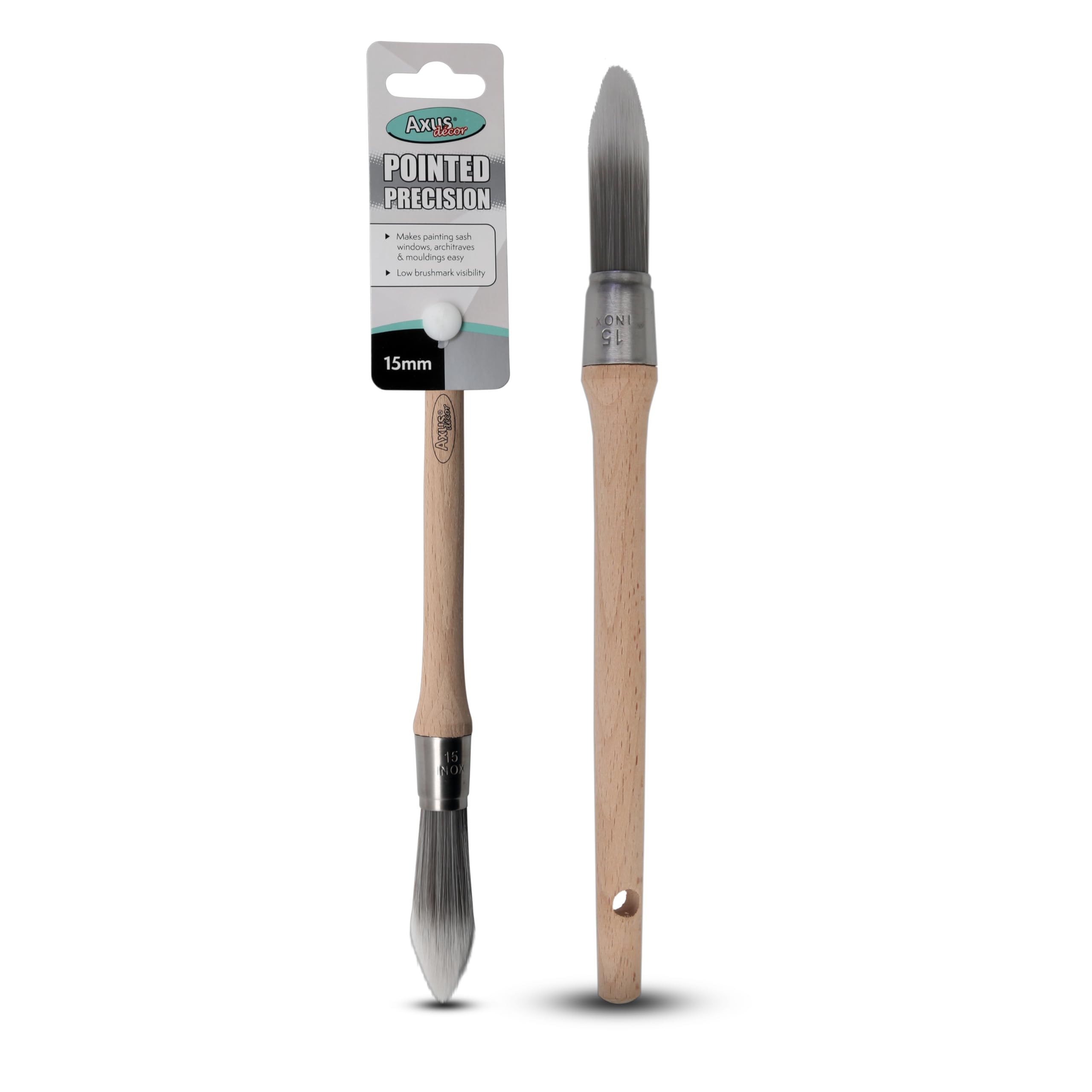 Axus Decor Pointed Precision Paint Brush (Grey Color) - 15mm - For All Sash Windows, Architraves & Mouldings, Smooth Finish, Eco-friendly Bamboo Handles, Anti-Rust Stainless Steel, Synthetic Filaments