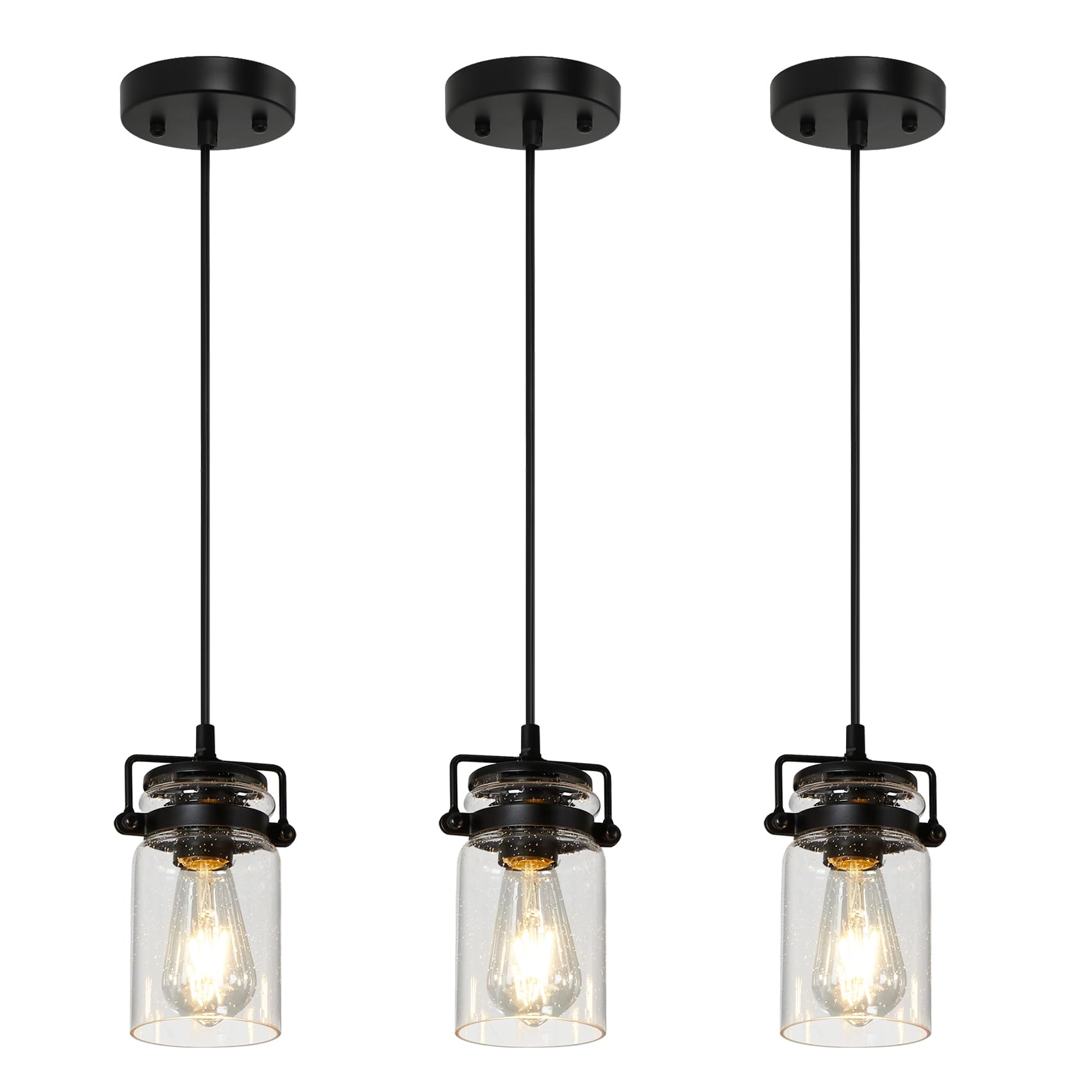 Photo 1 of foucasal Industrial Pendant Lighting Fixtures, Hanging Pendant Lights with Seeded Glass Shade, 3 Pack Black Ceiling Light Fixture Adjustable Farmhouse Pendant Light for Kitchen Island Dining Room