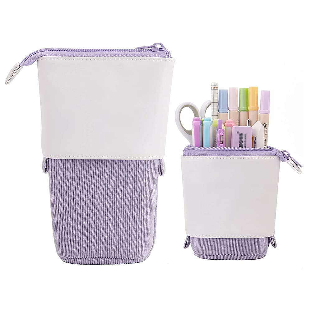 JZF Upright Pencil Case, Telescopic Pencil Holder, Stationery Pencil Bag, PU Corduroy Stand-up Pen Pouch Holder, Colorful Pen Organizer for Students Boys and Girls (Purple)