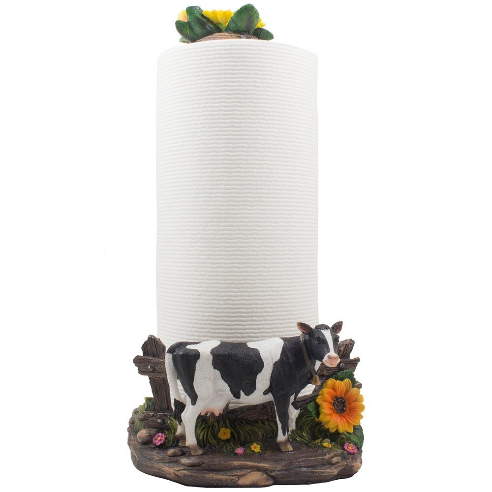 Decorative Holstein Cow Paper Towel Holder Display Stand with Sunflower