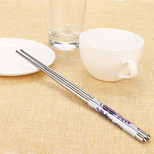 Silver Stainless Steel Chopsticks White Vine Pattern Length Metal Chopsticks Reusable Steel Tableware for Camping Cutlery Outdoor Chopsticks - 23cm - 1 Pair 