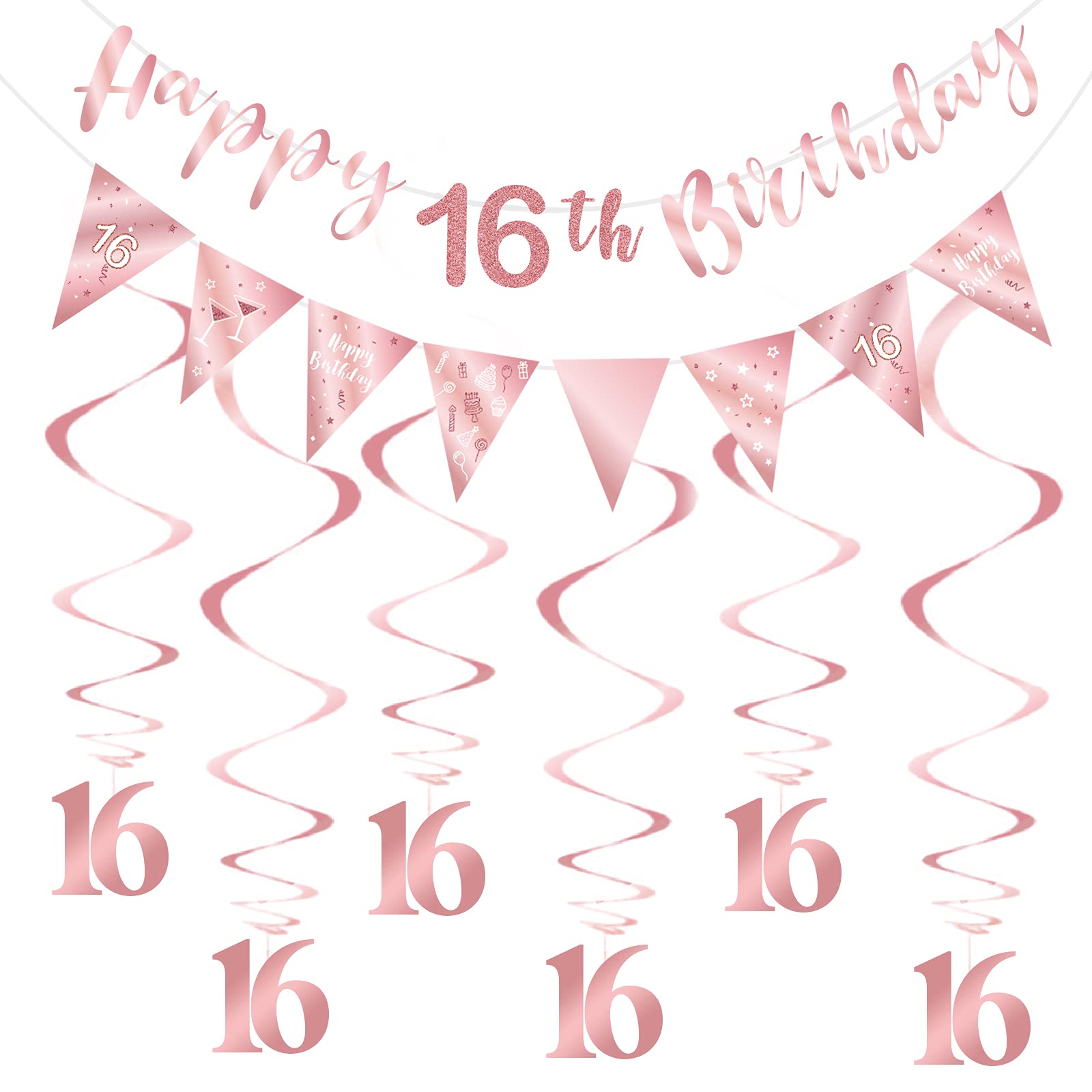 Rose Gold 16th Birthday Decoration for Girls - Happy 16th Birthday Banner with Bunting Swirls and Triangle Flag for Party Decorations