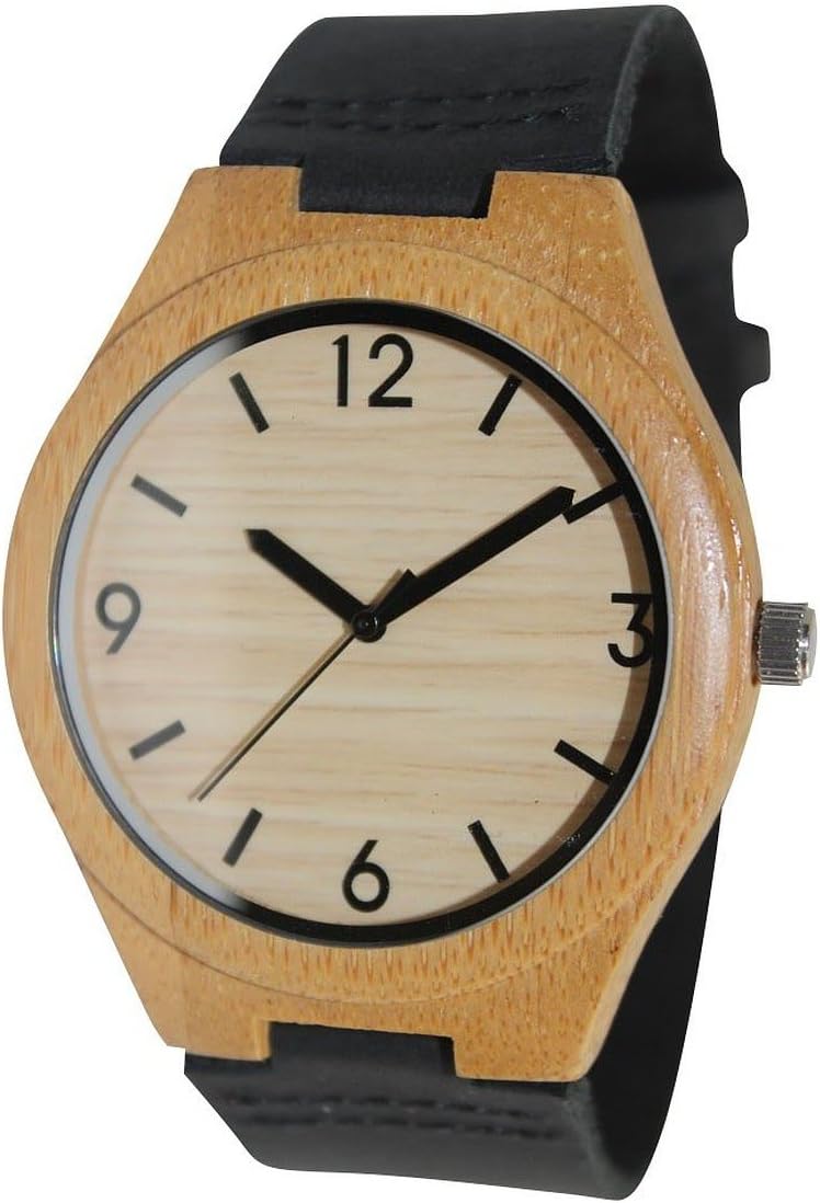 Woody Watch Natural Bamboo Wooden Wristwatch Black Genuine Leather Strap Japanese Quartz