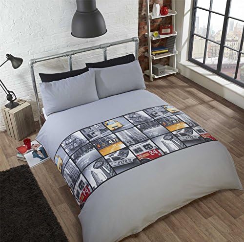 SCENES OF NEW YORK GREY YELLOW BLACK COTTON BLEND USA FULL (200CM X 200CM - UK DOUBLE) DUVET COMFORTER COVER