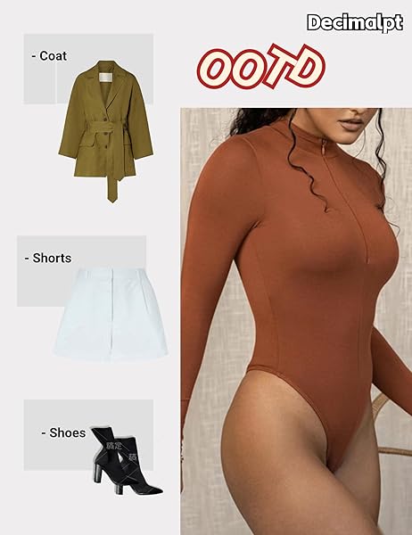 DECIMALPT WOMEN FRONT ZIP UP BODYAUIT LONG SLEEVE BODY SUIT BODYCON TURTLENECK BODYSUIT LEOTARD TOP BROWN