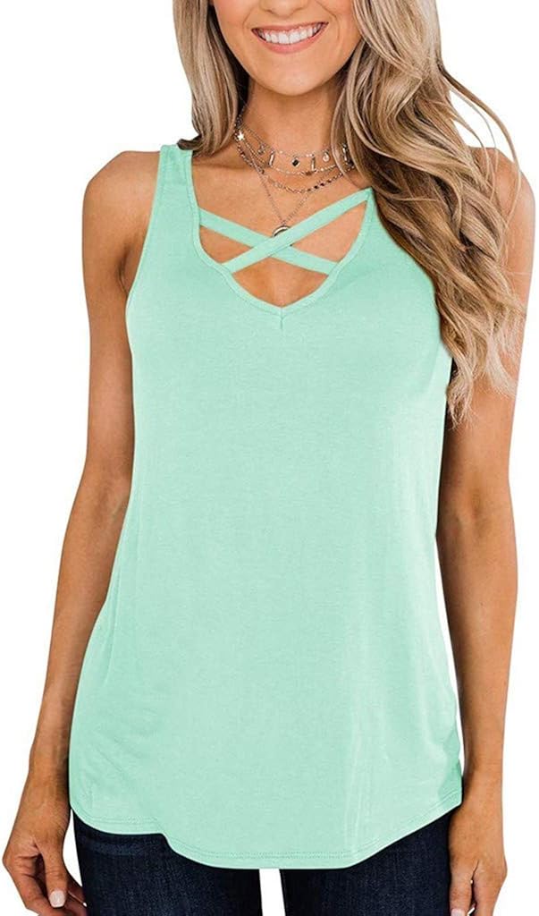 Xinantime Womens Summer Solid Colour V Neck Sleeveless Casual Loose Criss Cross Tank Tops