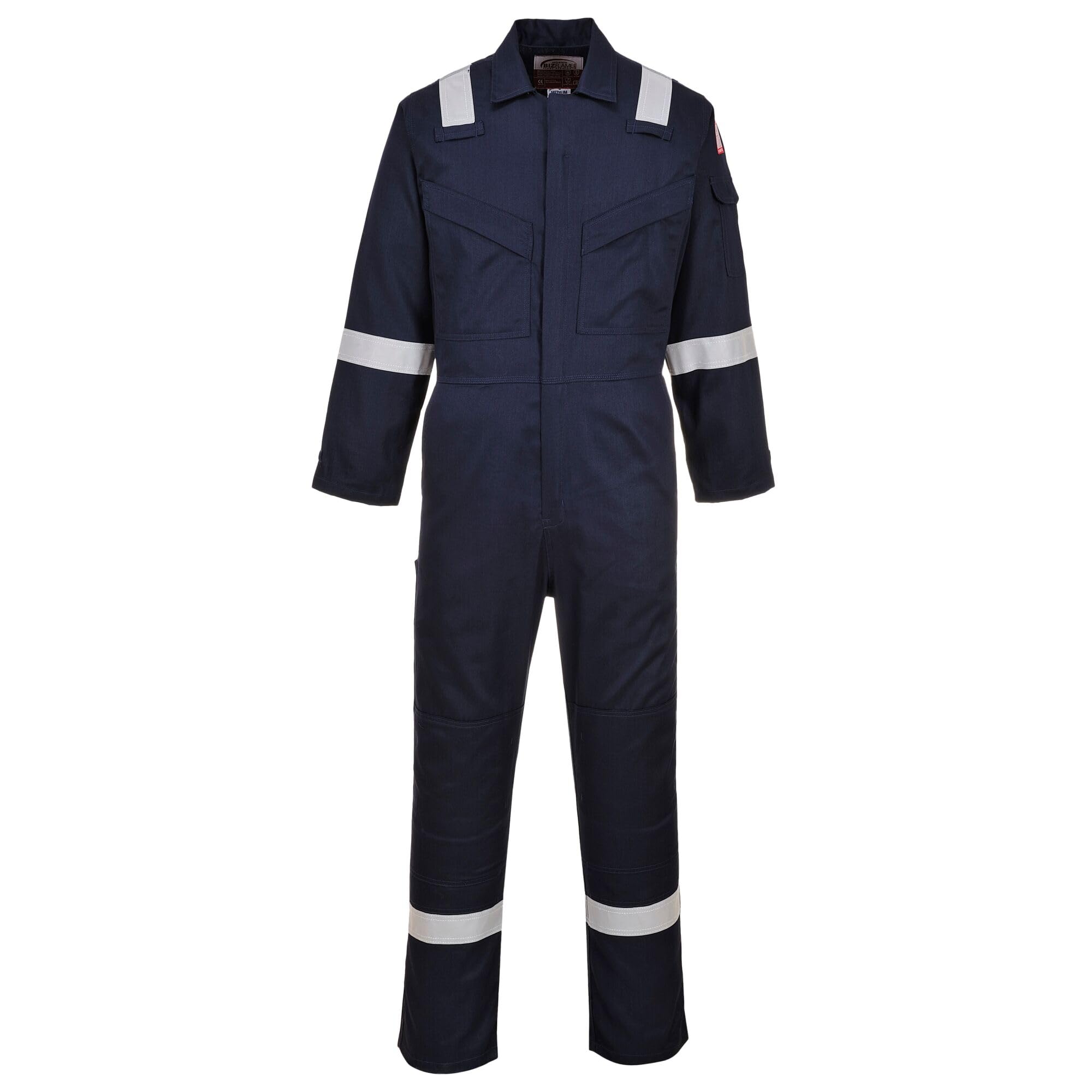 Portwest FR21 Men's Bizflame FR Lightweight Fireproof Coverall Flame Resistant Overall Anti-Static Welding Safety Boiler Suit 100% Cotton Reflective Knee Pad Pockets, Navy, L