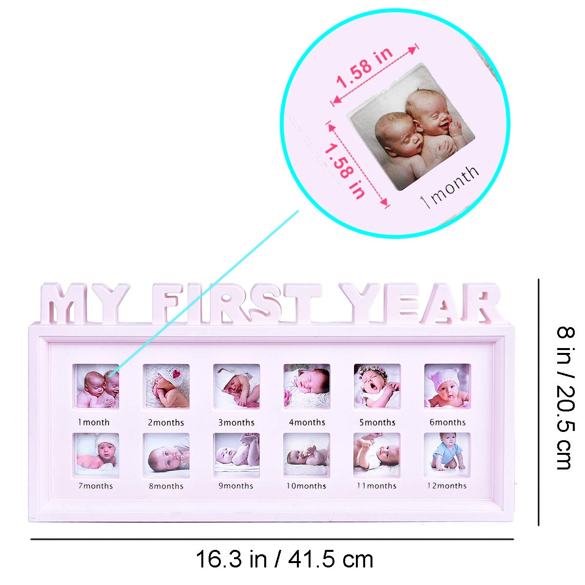 My First Year Photo Moments Baby Keepsake Frame, White, 12 Months Picture Frames, First Mothers Day Gift for Mom to Be or Expecting Parents (Pink), 16 x 8 x 1 in