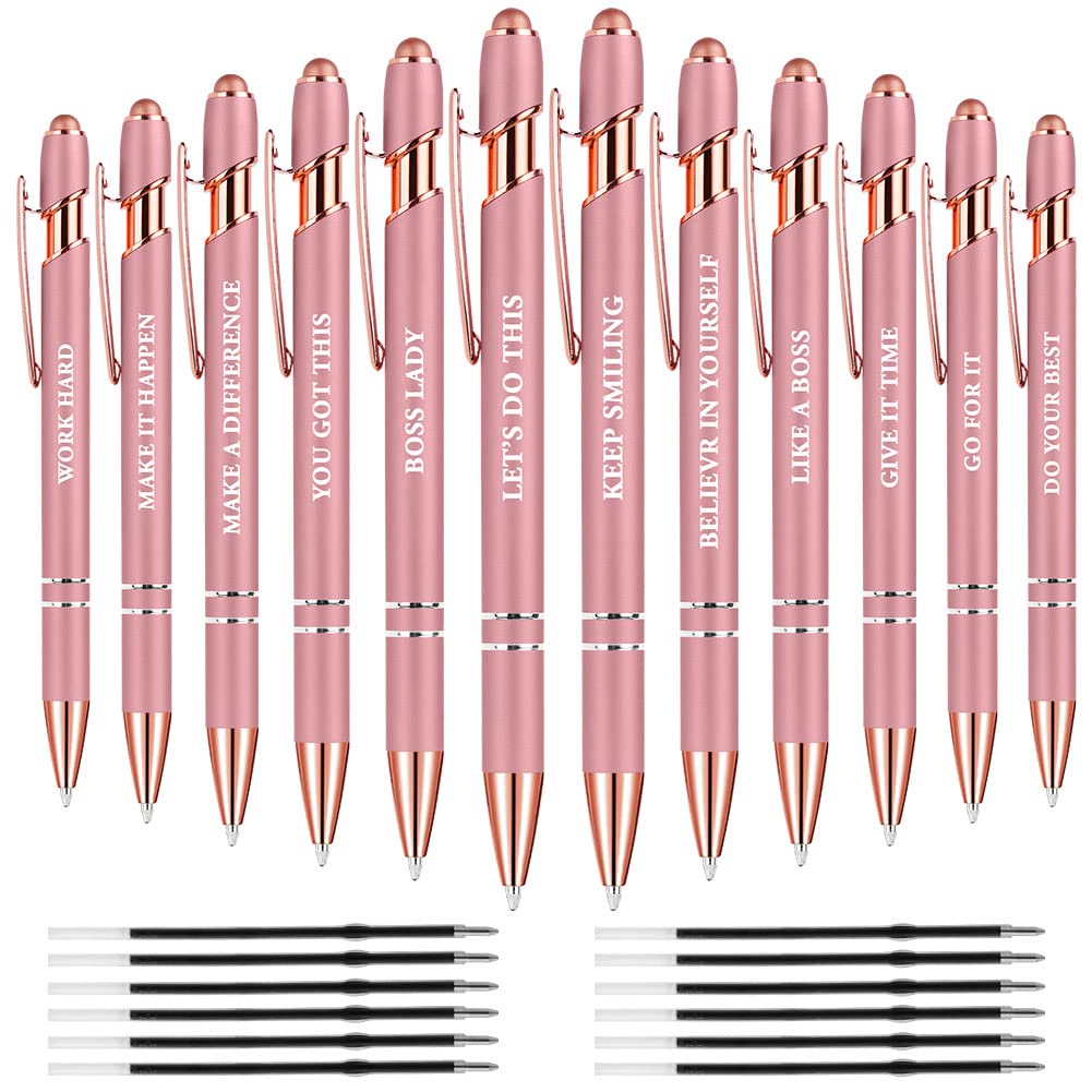AUAUY 12 Pcs Snarky Office Pens, Ballpoint Pens Set with 12 Replacement Refills, 2 in 1 Stylus Pen Stylish Pen, Office Metal Inspirational Pen, Funny Pens for Coworkers, Black Ink 1 mm (Pink)