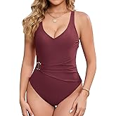 HAIVIDO Women's V Neck One Piece Swimsuit Tummy Control Bathing Suit Adjustable Straps Metal W-Hook Removable Pads Swimwear