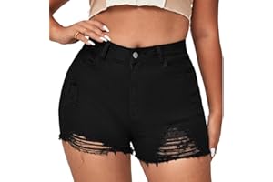MapleHub Plus Size Denim Shorts Women High Waisted Ripped Folded Hem Jean Shorts