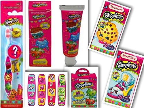 Shopkins Health & Oral Care 5 Item Bundle: 1 Toothbrush w/Collectible Cap | Travel Toothpaste | Adhesive Sterile Bandages | 2 Assorted 2-Ply Pocket Tissues (10 Tissues Each-20 Total)