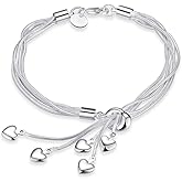 LRGKMCWTOB Fashion Multi Layered Silver Snake Chain Bracelet for Women, 925 Sterling Silver Heart Shaped Chain Tassel Bracelets, Hand Wrist Chain with Lobster Clasp Charm Jewelry for Birthday