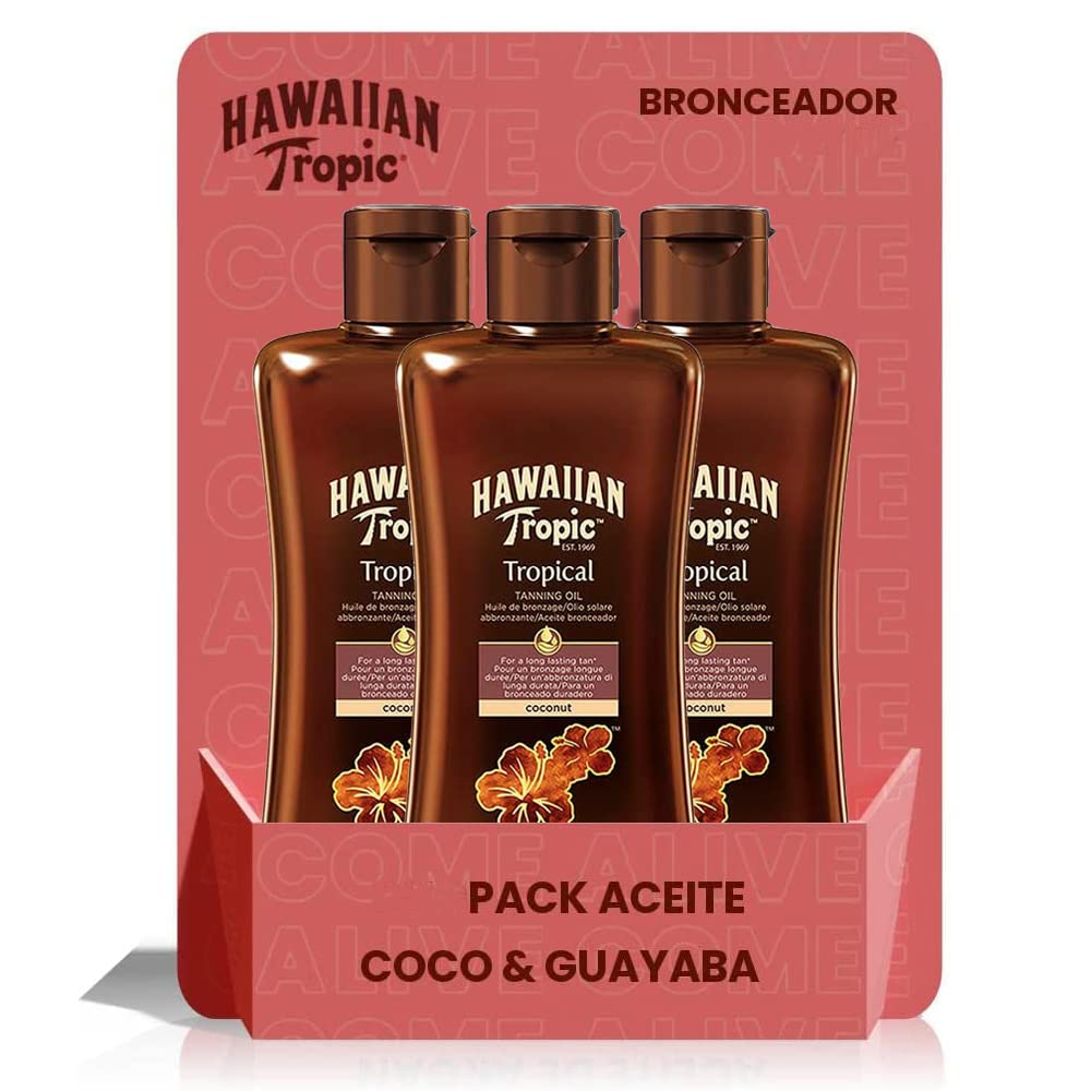 Hawaiian Tropic Tanning Oil SPF 0 - Unprotected Sun Tanning Oil, Skin Tanning Accelerator, Tropical Fragrance, Pack 3 Units x 200 ml