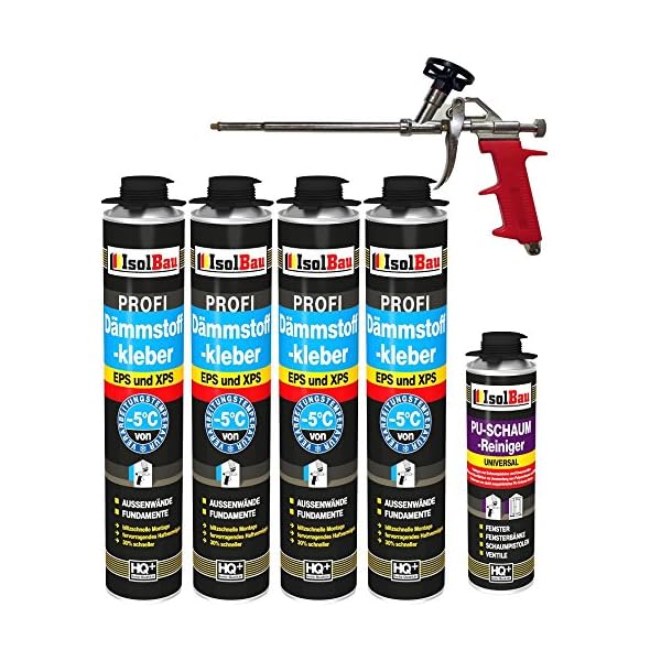 Isolbau Dämmstoffkleber Set für EPS & XPS - Inkl. 4 x Klebeschaum (je 750 ml), 1x PU-Schaum-Reiniger & 1x Schaum-Pistole