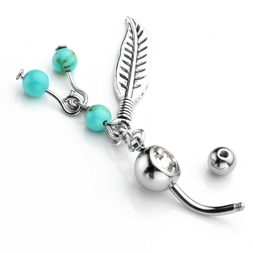 JSDDE Piercing,Edelstahl Bauchnabelpiercing mit Feder Anhänger und Türkis Perlen,Zirkonia Belly Ring Bauchnabel Piercing