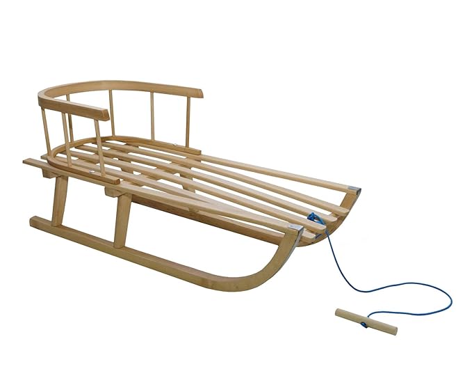 Holzschlitten für Kinder mit Rückenlehne Rodelschlitten Davoser Schlitten aus Holz mit Einem Sicherheitsgurt