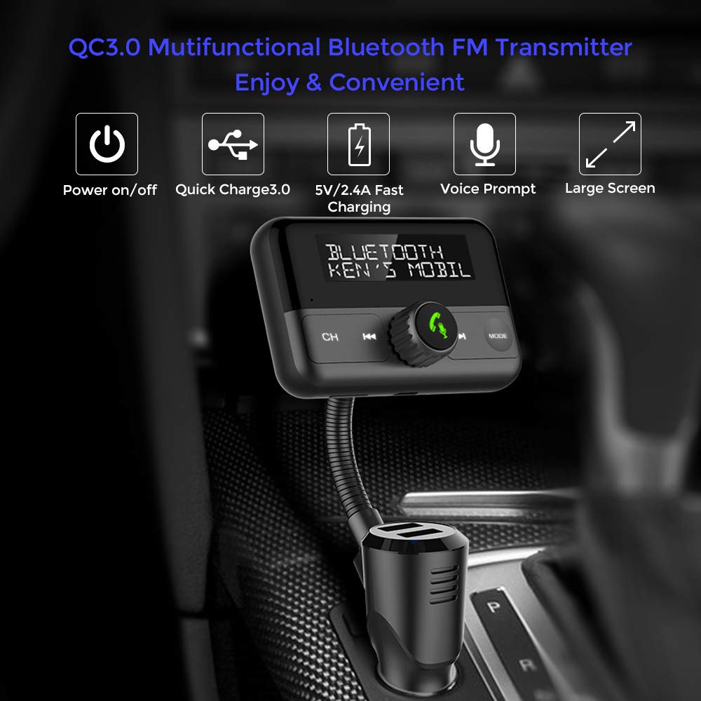 Bluetooth FM Transmitter for Car, Wireless Radio Adapter Hands-Free Car Kit with Independent Power On/Off Button and Large Display, Two USB Ports