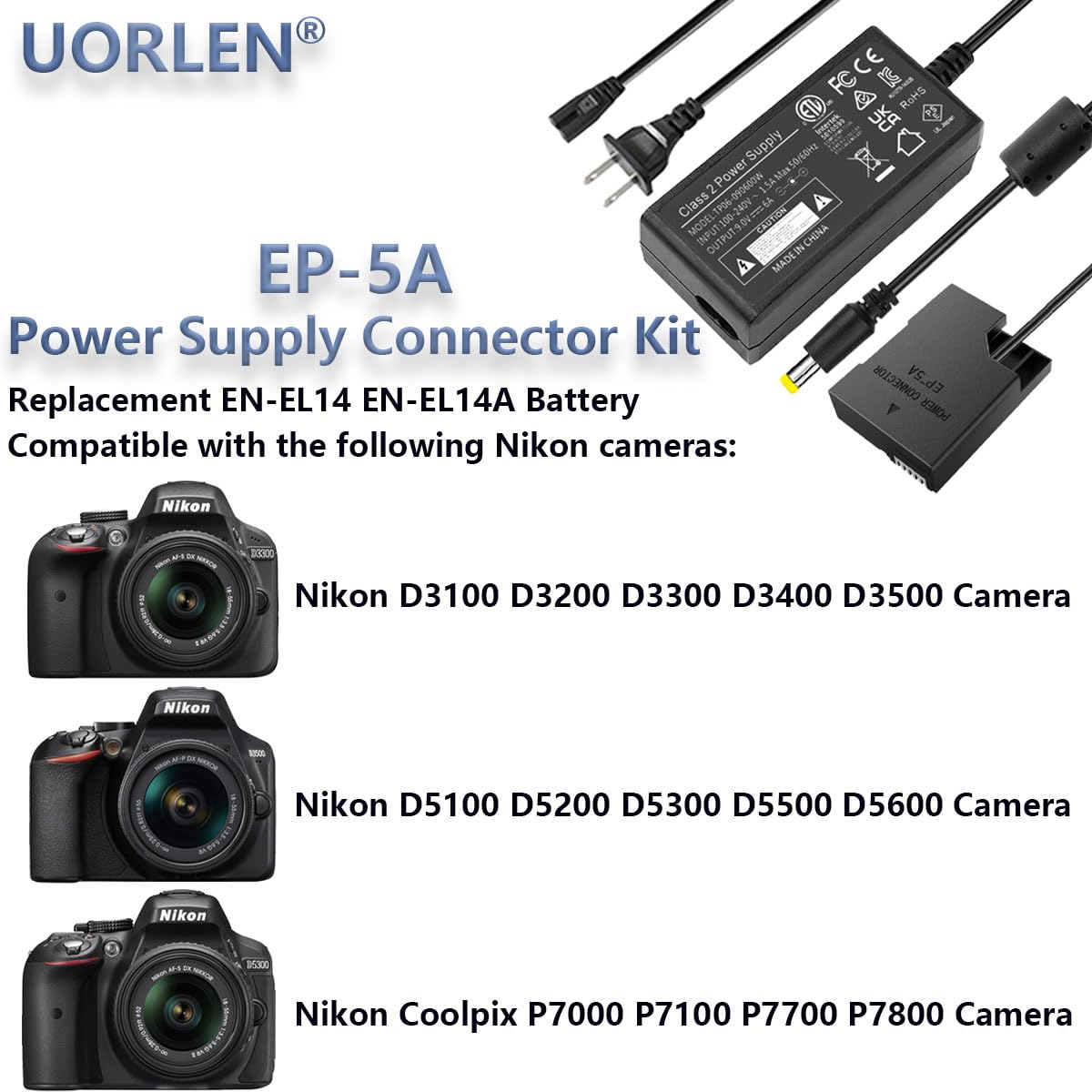 EP-5A Power Supply Connector EH-5a AC Adapter EN-EL14a Dummy-Battery Kit for Nikon D3100 D3200 D3300 D3400 D3500 D5100 D5200 D5300 D5500 D5600 DF P7100 P7000 P7700 P7800 Cameras