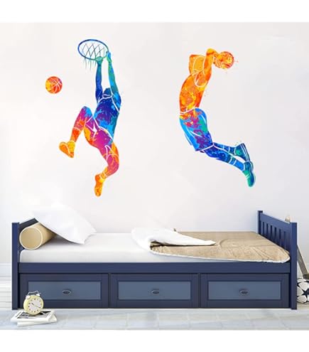 Basketbalkamerdecoratie voor jongens, 4 stuks basketbalstickers, sportspeler, muurstickers voor kinderen, jongens, slaapkamer, woondecoratie