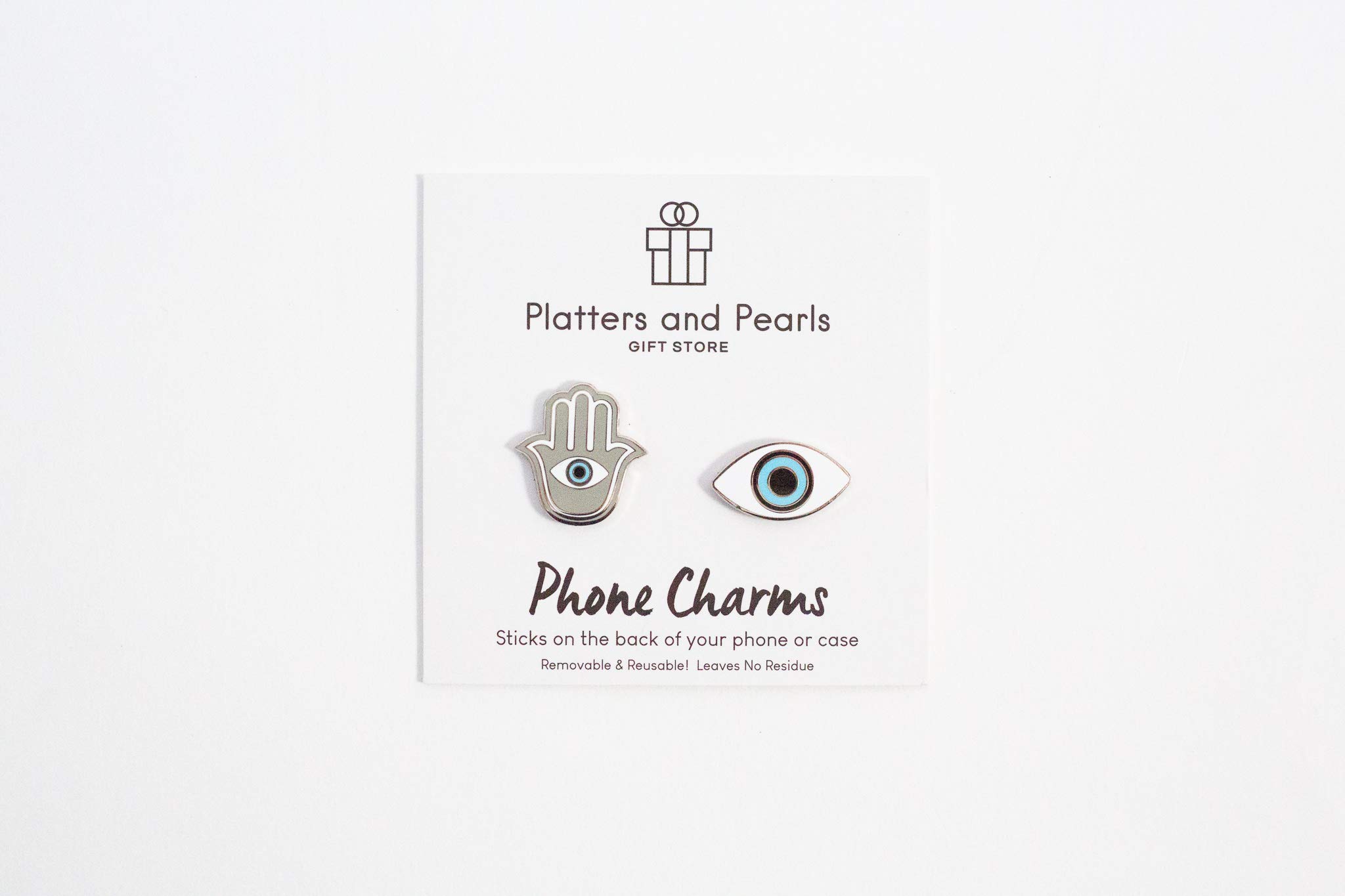 Metal Charm Stickers for Cell Phone Cases. Evil Eye and Hamsa Set of 2 Reusable & Removable Leaves No Residue. Universal Spiritual Symbols of Protection and Good Luck. (Evil Eye and Hamsa Hand.)