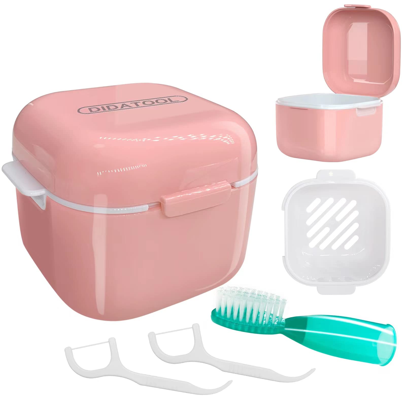 DIDATOOL Retainer Case, Denture Bath, Denture Cups for Soaking Dentures, Denture Pots with Lid, Easy to Carry and Clean Denture Case with Removable Rinse Basket and Finger Toothbrush (Pink)