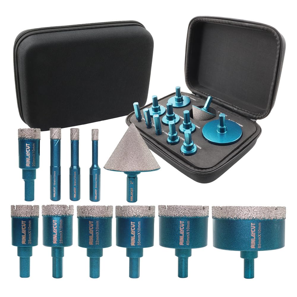 MINLAYCUT Diamond Drill Bits Kit - 11pcs Tile Hole Saw Kit 6/8/10/20/25/28/32/35/45/65mm with 50mm Diamond Beveling Chamfer Bits for Porcelain Ceramic Tile Granite Marble