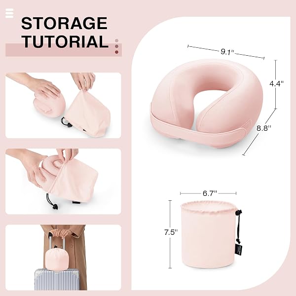 URNEXTTOUR CAR PILLOW FOR BIG KIDS TRAVEL NECK PILLOWS, MEMORY FOAM NECK SUPPORT TRAVELLING PILLOW WITH WASHABLE COTTON PILLOWCASES AND STORAGE BAG, FOR AIRPLANE, TRAIN, FLIGHT AND HOME USE PINK