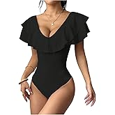 Milumia Women's Ruffle V Neck Short Sleeve Bodysuit Sexy Backless Going Out Leotard Tops