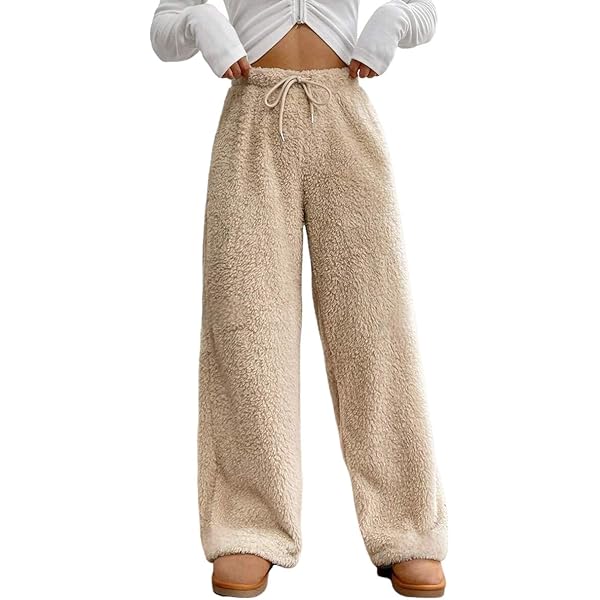 COZYEASE Women's Drawstring Waist Teddy Wide Leg Pants Loose Fuzzy
