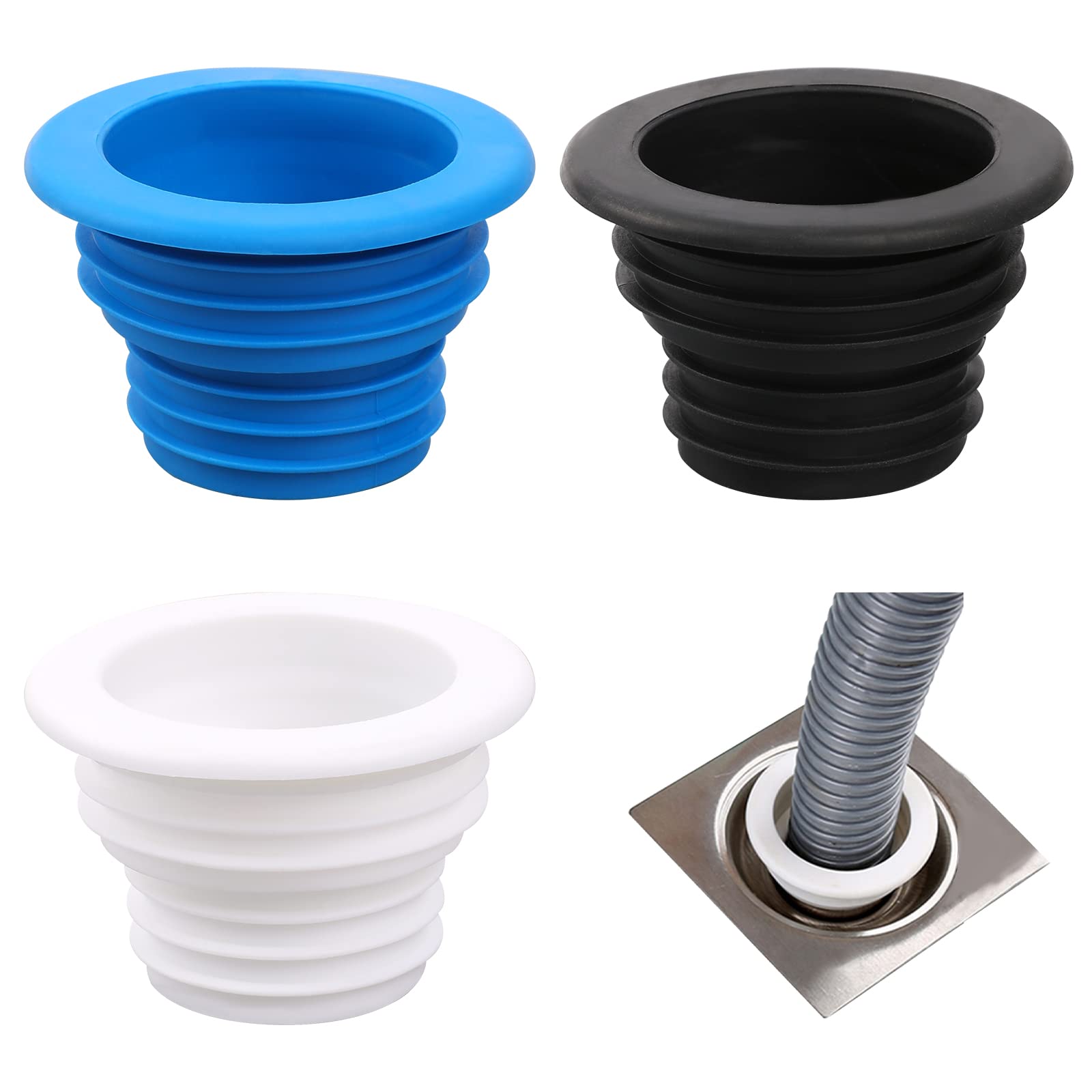 Photo 1 of 3pcs Drain Hose Silicone Plug Sewer Seal Ring for Washing Universal Fit Drain Hose Machine Laundry Room Bathroom Bathtub Kitchen Cleaning Tools(Black White Blue)