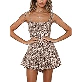 Jeanewpole1 Women's Boho Floral Wide Leg Short Romper Spaghetti Strap Smocked Jumpsuit