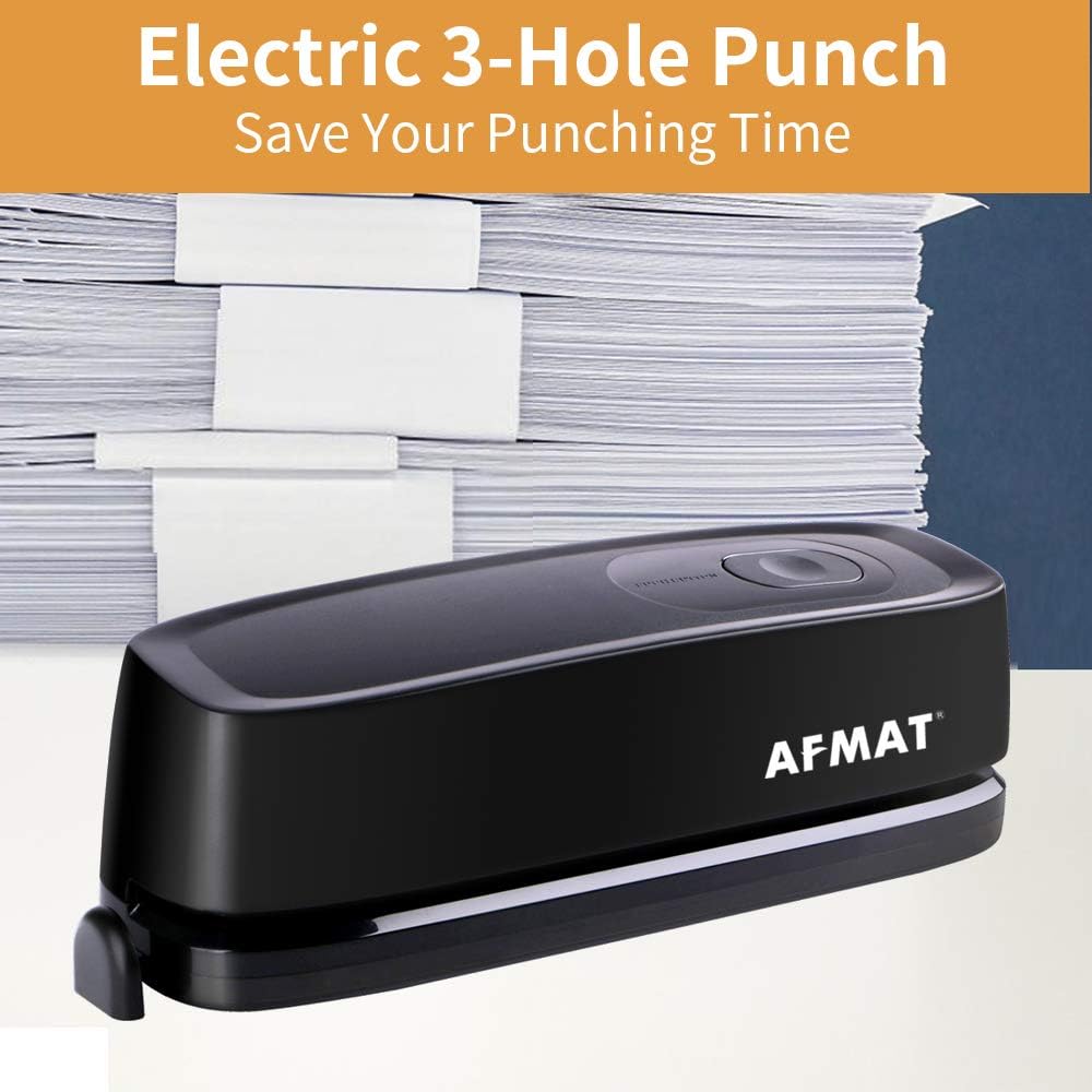 3 Hole Punch, AFMAT Electric Three Hole Punch Heavy Duty, 20-Sheet Punch Capacity, AC or Battery Operated Paper Puncher, Effortless Punching, Long Lasting Paper Punch for Office School Studio, Black : Office Products