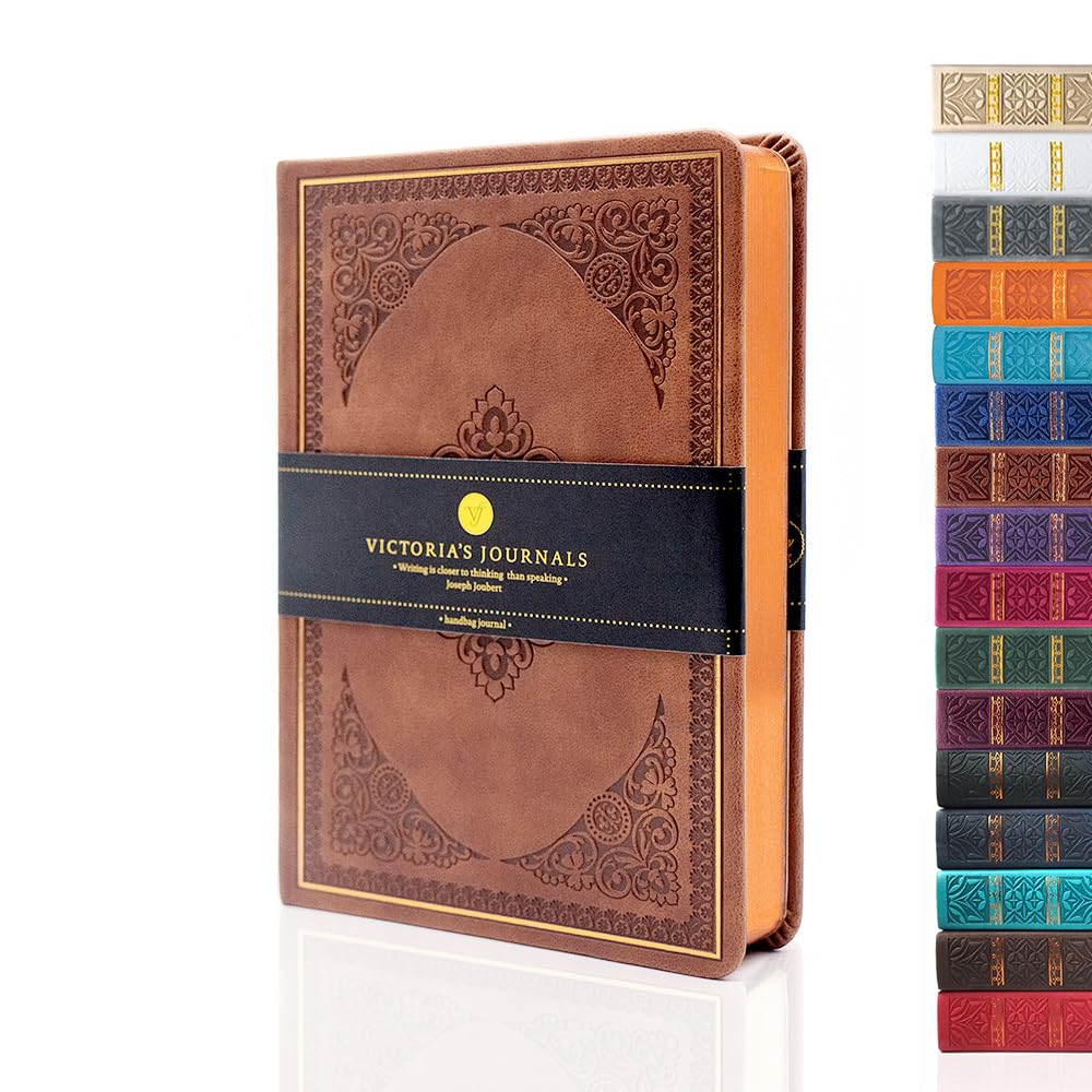 VICTORIA'S JOURNALS Leatherette Vintage Journal Hard Cover Lined Notebook Old Looking Travel Diary (Brown, B6)