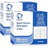 Vakly Sterile Split Drain Sponge Gauze 4 x 4, 6-Ply, 100 Count | Pre-cut slit, Absorbent non-woven pads, I.V. lines, Tracheostomy care, Wound care, Individually packaged
