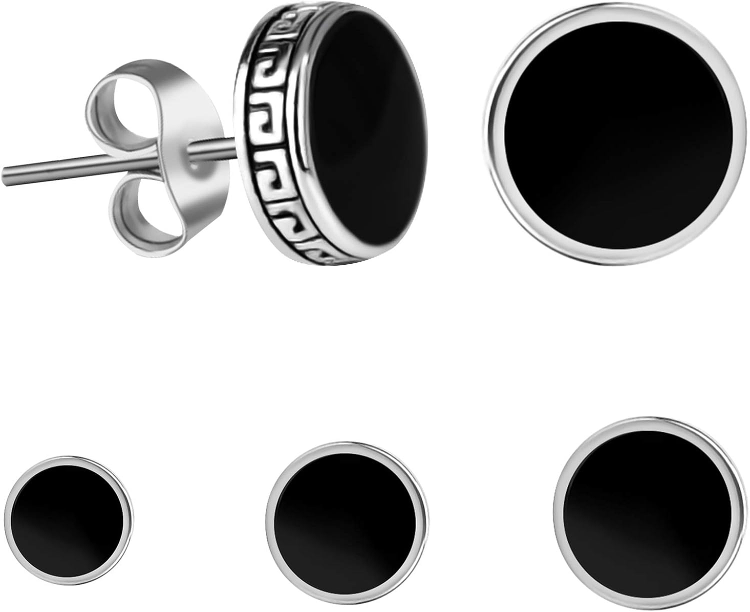 KWUNCCI Black Round Stud Earrings White Gold Plated Ear