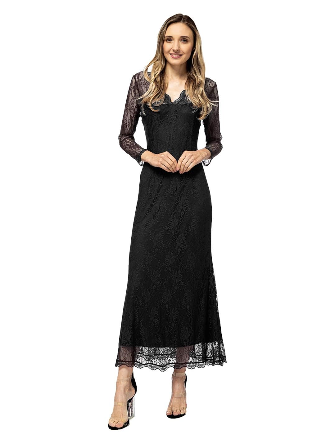 black lace ruffle detail maxi dress