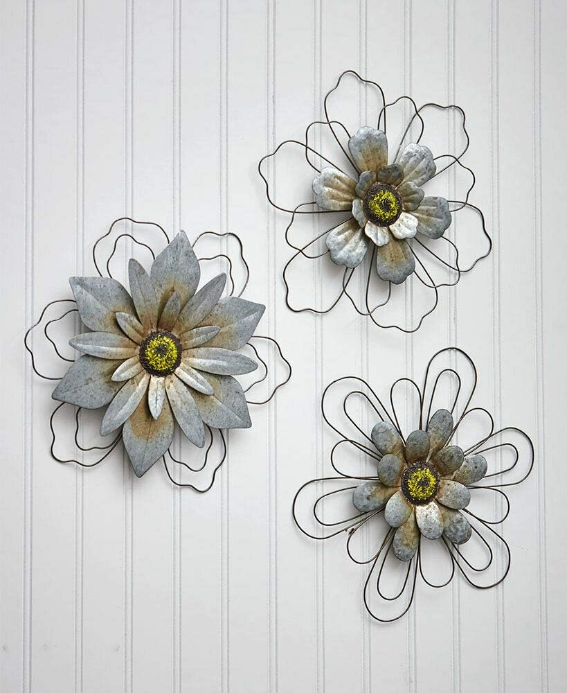outdoor metal wall art on Amazon Com Nyw Wall Decor Flowers Set Of 3 Rustic Galvanized Wire Metal Indoor Outdoor Home Kitchen