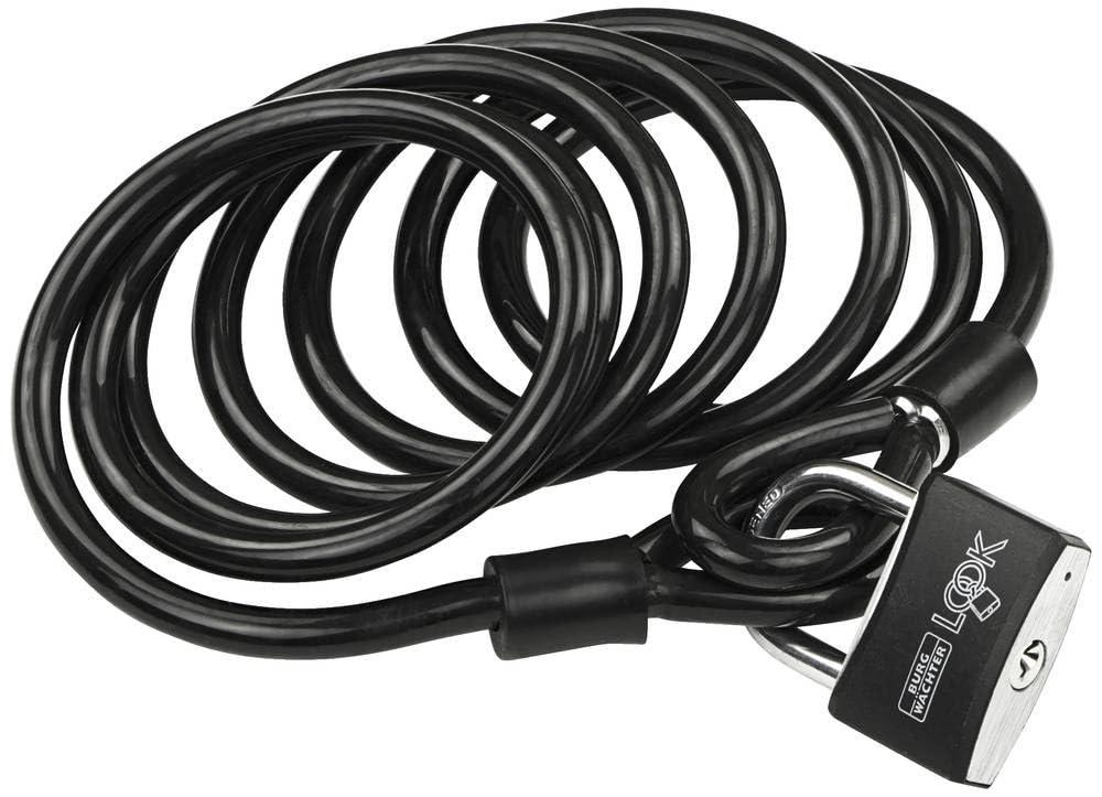 Burg-Wächter 750 250 + 402/50 Security Cable with Padlock, Extra Long Spiral Cable, Motorcycle, E-Scooter, Garden Furniture, Black, 2.5 m